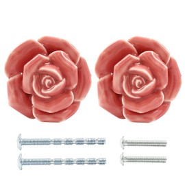 Bonsicoky 2 Pcs Pink Rose Drawer Pulls, Ceramic Flower Knobs Decor Handles for Drawer, Cabinet, Dresser, Cupboard, Door