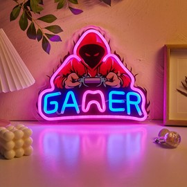 LED Neon Gamer Cute Neon Sign, USB Powered Neon Signs Night Light, 3D Wall Art & Game room Bedroom Living Room party Decor lamp for Children Kids Girls Boys (Clear board) (Blue, Pink)