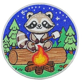 PatchClub Cute Raccoon Roasting Marshmallow Camping Patch, 3.15 inches - Iron On/Sew On Patches - Outdoor Aventure Patch (Raccoon)