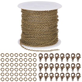 SUNNYCLUE 33 Feet Jewellery Making Chain Bulk 2 mm Antique Bronze Cable Chain with 30 Lobster Clasps and 100 Jump Rings for Necklace Earring Bracelets Nickel Free