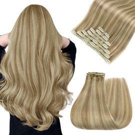 Easyouth Clip in Hair Extensions Real Human Hair Highlight 22Inch Clip on Hair Extensions Light Blonde Highlighted Golden Blonde Real Hair Clips in Extension Convenient for Women 120G 7Pcs