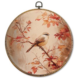 Sufamb Farmhouse Fall Bird Round Wall Art Decor, Cottagecore Autumn Sparrow Canvas Artwork Framed, Rustic Fall Bird Wall Hanging Prints Decorations for Home Bedroom Living Room Decor, 10x10 Inches