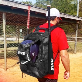 HRS Baseball Or softball Black Camo Bat Bag Backpack - Hold Up To 4 Bats