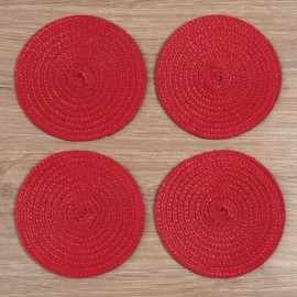 Round Braided Woven Polypropylene Plastic Coaster Set of 4 (Red)