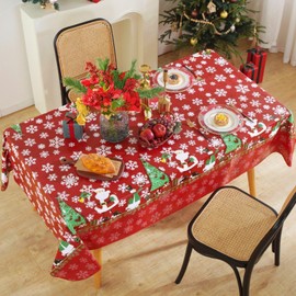 Christmas Red White Table Cloth, Santa & Snow Print Polyester Tablecloth for Rectangle Tables, Wrinkle Free Machine Washable Table Cover for Indoor,Outdoor, Holiday Party Use 60 x 102 Inches