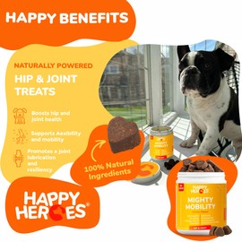 Happy Heroes - Mighty Mobility, Premium Dog Hip & Joint Care, 100% Natural Supplement, Glucosamine, Chondroitin, MSM, & Essential Vitamins, Chicken Flavour, 120 Soft Chews.