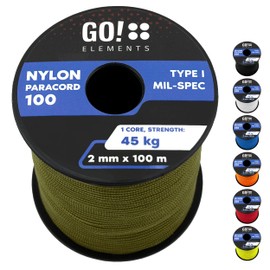 GO!elements 100 m Paracord 2 mm Rope Made of Tear-Resistant Nylon Cord – Paracord 100 Type I Survival Cord – Tear-Resistant up to 45 kg – Suitable as an All-Purpose Rope, Cord Masonry Cord, Colour: