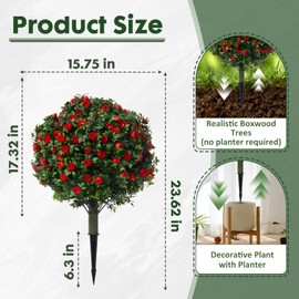 24" Artificial Boxwood Topiary Ball Trees with Red Rose,w/Ground Spike, Set of 2 UV Resistant Fake Evergreen Shrubs Bushes Plants for Artificial Plants,Fake Plants for Front Porch,Garden,Yard