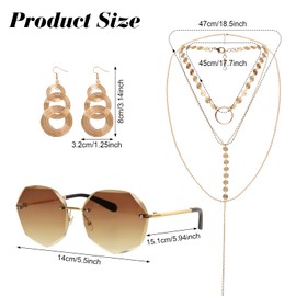 Fumwase 7PCS 70s Disco Accessories Set for Women Sunglasses Coil Bracelets Layered Necklace Triple Swirl Earrings for Adult Halloween Cosplay (Gold)