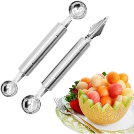 2PCS Fruit Baller Spoon, Stainless Steel Fruit Ball Maker & Fruit Carving Cuter, DIY Watermelon Cantaloupe Ice Cream Tool, Make Different Designs & Shapes for Party Decoration, Silver, 20cm/7.87inch