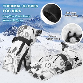 MoKo Kids Winter Ski Gloves, Waterproof Snow Gloves with Adjustable Cuffs & Zipper Pocket, Windproof Kids Snow Gloves for Children Aged 6-11, Snowboarding, Sledding, Cycling, Skiing, Black Gray, XS