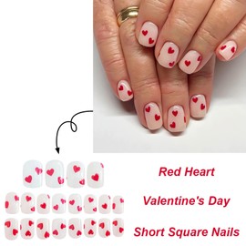 OHWODA 24Pcs Red Heart Press on Nails Short Square Valentine’s Day Fake Nails, Glossy White Valentine’s Press on Nails with Red Hearts Designs Cute Stick on Nails for Women Nail Art Decorations