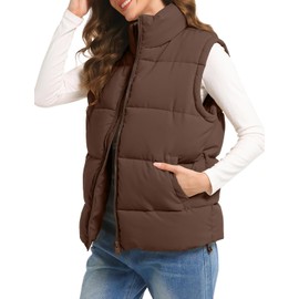 Polu Puffer Vest Women Zip Up Stand Collar Sleeveless Down Vests Oversized Padded Gilet Jacket(Brown,M)