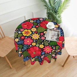 CCOCND Bright Vintage Flowers Tablecloth Round 60 Inch Vibrant Ditsy Floral Table Cover Colorful Exotic Flowers Table Cloth Washable for Dining Kitchen Parties Cabin Farmhouse Decor