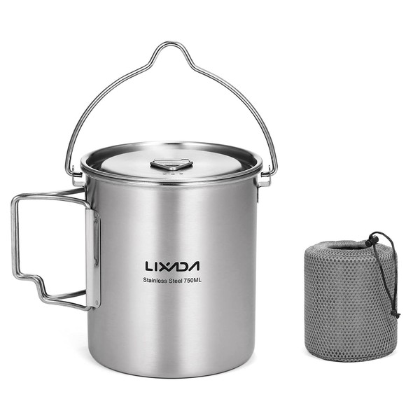 Lixada Camping Water Cup with Foldable Handles and Lid 750ml Stainless Steel Mug Hanging Pot for Camping Hiking Backpacking Picnic