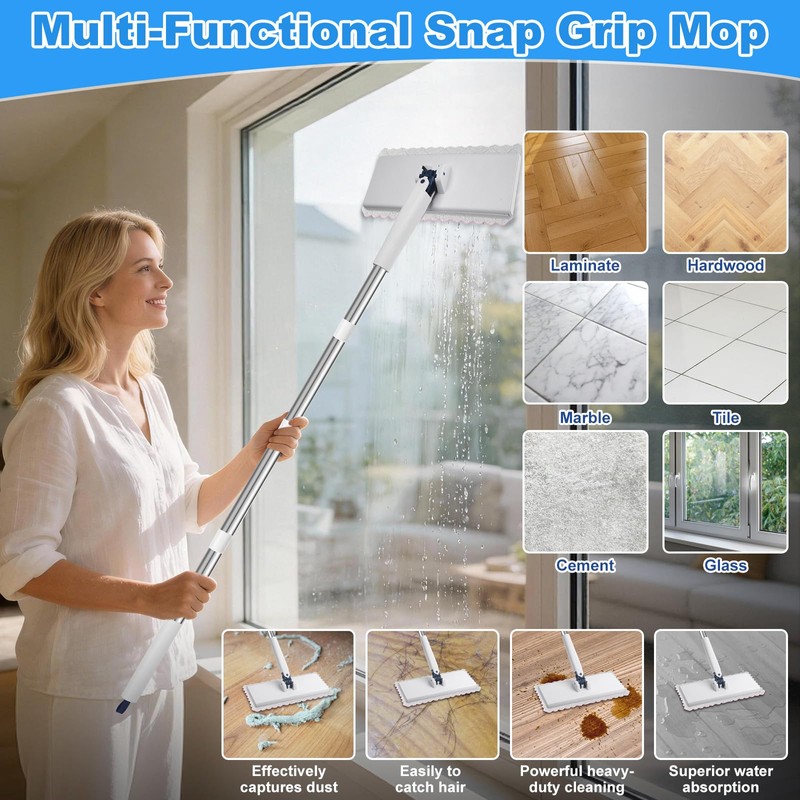 Snap Grip Mini Mop with 6 Washable Pads, Dust Mop
