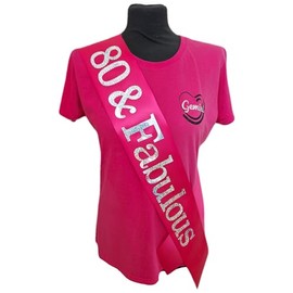 80th Birthday Sash - 80 & Fabulous Birthday Sash - Beautiful Quality Fuchsia Pink Ribbon and Holographic Silver Font - 80th Birthday Sash