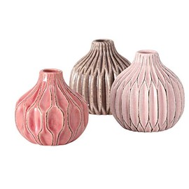 Iconic Scandi Baby Vases, Set of 3, Fluted, Pink, Mauve and Dusty Rose, Crackle Suffused, 4.25 Diameter x 4.25 Inches Tall, Modern Home Design