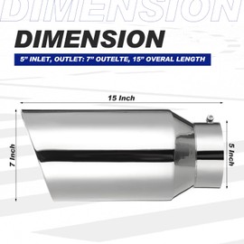 BBTO 2 Pcs 5" Inlet Universal Diesel Truck Exhaust Tip, 7'' Outlet, Stainless Steel Tailpipe Tips, Polished, Bolt On, 15'' Long, Slant Angle Cut, for Trucks