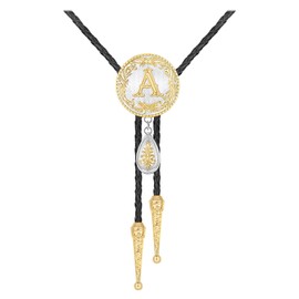 HUABOLA CALYN Western Bolo Tie for Men Gold Initial Letter A to Z Native American Bola Ties Rodeo Cowboy Leather Necktie Western Necklace Costume Accessories for Men,Women (A)