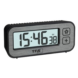 TFA Dostmann Funk Wecker digital mit Temperatur und Luftfeuchtigkeit Switch, 60.2522.10, mit Höchst- und Tiefstwerte, mit Weckalarm und Funkuhr, Reisewecker, klein, Nicht tickend, grau