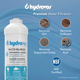 HYDROVOS Inline Water Filter for Refrigerator, Ice Maker, Reverse Osmosis System, 1/4" Quick Connect, 10" Carbon Water Filter Reduces Chlorine Taste & Odor for Drinking Water, Filtered Ice, RV Water