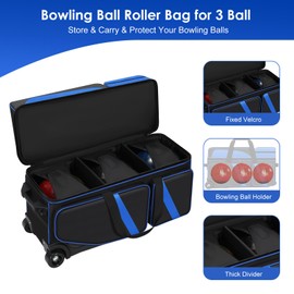 3 Ball Bowling Bag with Wheels, Bowling Roller Bag 3 Ball Rolling Bowling Bag with Shoe Compartment (Fits Up to Size 16), Bowling Bag 3 Ball Roller with Retractable Handle Extends to 41.5" (Blue)