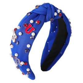 Gmmidea 4th of July Pearl Knotted Headbands for Women Girls Beaded USA Patriotic Headband Red White Blue Crystal Embellished Headband Fancyte 4th of July Outfits Hair Accessory D-Blue