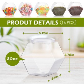 Hoolerry 16 Pcs 30oz Plastic Candy Jars with Lids Hexagon Canister Container Jar Bucket for Candy Buffet Cookies Snacks Gifts and Storage Countertop Display, 5.19 x 3.07 x 4.72 Inch