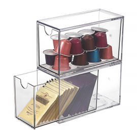 SUMNACON 2 Pack Acrylic Tea Bag Drawer Organizer, Clear Stackable Coffee Capsules Container Countertop Drawer Design Tea Packet Storage Holder Kitchen Spice Packet Storage Organizer (No Tea Bag)