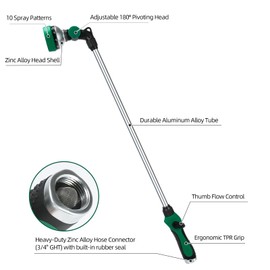Seatern Watering Wand for Garden Hose, 30 Inch, 10 Spray Patterns, Thumb Control Garden Hose Nozzle, Adjustable Water Sprayer with Pivoting Head, Ideal for Hanging Baskets, Plants, and Shrubs, Green
