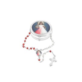 Catholic Town Rosary Necklace with Divine Mercy center piece, Cross Crucifix and metallic box. (ROSMIRDM-WR), Standard, Alloy Steel, No Gemstone