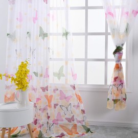 Nicoone Curtain Butterfly Sheer Curtains Long Voile Tulle Window Curtains Light Soft and Breathable for Girls Room Balcony Coffee House