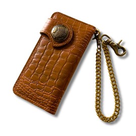 Sasical sbbsa0037s Men's Biker Wallet Long Wallet Genuine Leather Cowhide Croco Embossed Rider Wallet Leather Wallet Bifold Biker Wallet Chain Long Wallet with Chain, Brown x Indian