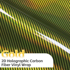 Lypumso 2D Holographic Carbon Fiber Vinyl Wrap, High Gloss Gold Car Wrapping Vinyl Film with Air Release Technology Auto Sticker Decal Film Sheet, DIY Paint Replacement Wrap Roll 1ft x 5ft