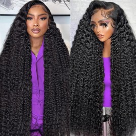 Dianthe 34 Inch 13x6 Deep Wave Lace Front Wigs Human Hair HD Lace frontal Curly Human Hair Wig for Black Women 180% Density Wet and Wavy Glueless Wigs Human hair Pre Plucked with Baby Hair