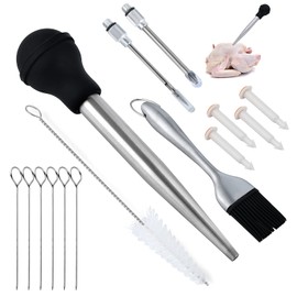Turkey Baster Set w/Timer and Lacer – Stainless Steel Turkey Baster with Silicone Bulb, 2xPump Flavor Injectors, Silicone Brush, Pop-Up Timer, Turkey Lacer and Cleaning Brush, A Must For Thanksgiving