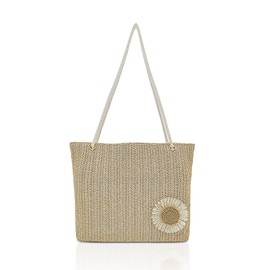 FuninCrea Straw Beach Bag for Women, Large Capacity Straw Bag Summer Woven Bag with Flower and Snap, Beach Tote Bag Foldable Large Beach Bag Hobo Bag Portable Summer Bag for Outdoor (Khaki)