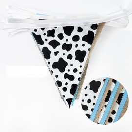 32Ft Western Cowboy Party Decorations Burlap Cow Triangle Flag Fabric Banner Pennant Bunting Garland Streamer for Western Cowboys Birthday Baby Shower Derby Day Farm Animals Wild Party Decor Supplies