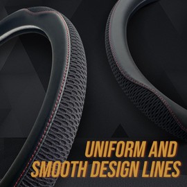 Carodi - Funda para volante de coche, piel y tela de seda de hielo transpirable, cómoda, antideslizante, cálida en invierno y fresca en verano, universal de 15 pulgadas (línea negra y roja)