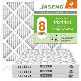JASENG 14x14x1 Air Filters, MERV 8 Pleated HVAC Furnace Filters (4-Pack) - Dust Defense, MPR 600 - exact dimensions: 13.75"x13.75"x0.75" - Replacement for AC, Heater, and Ventilation Systems