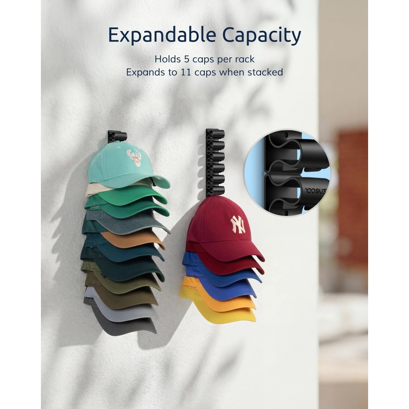 Baseball Hat Rack for Wall, 6 Pack, Holds 35 Caps
