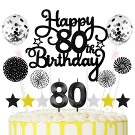 80th Geburtstag Kuchen Dekoration Kuchen Toppers Schwarz Zahl Kerzen Birthday Torten Dekoration Sternen Papierfächer Ballon Torte Toppers Kuchendeko für 80. Geburtstag Dekorationen Party Zubehör