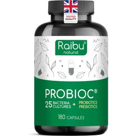Raibu Probiotics for Gut Health - Probiotics & Prebiotics - 25 Bacterial Cultures - 180 Enteric Coated Capsules - 60 Billion CFU - Lactobacillus Acidophilus & Bifidobacterium - No additives & Vegan