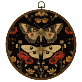 Vintage Moth Round Wall Art Decor,Retro Insect Wildflower Canvas with Frame Artwork Prints, Round Wall Hanging Decorations for Home Bedroom,or Gift 10x10In(BY0608)