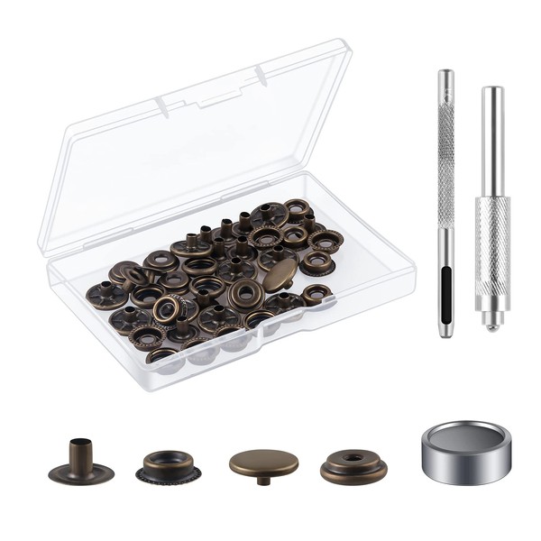 Press Studs Cap Button, MSDADA Stainless Steel Snap Fasteners Kit with Hand Fixing Tools, Instant Metal Buttons No-Sew Clips Snap for Bags, Jeans, Clothes, Fabric, Leather Craft (Bronze, 10)