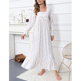 Soft Nightgowns for Women Knit Cotton Victorian Long Sleeves Ladies Full Length Nightdress with Pokckets (Lilac Rose, L)