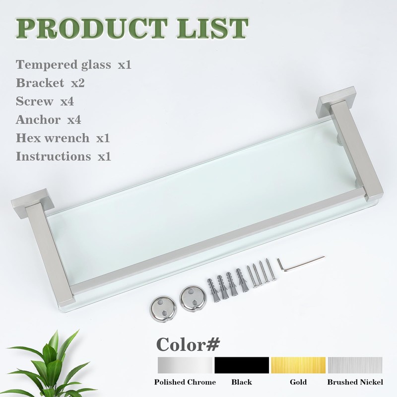Alise Bathroom Glass Shelf with Stainless Steel Railing, Brushed Nickel