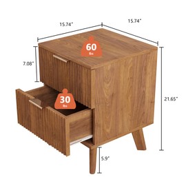 Nightstands Set of 2 with Drawers, Modern Large Striped Bed Side Table with 2 Drawers, Mid Century Modern Night Stand with 2 Drawers, Bedside Table End Table with 2 Drawers & Solid Wood Legs (Walnut)