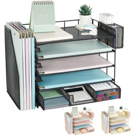 Youbetia Paper Tray Organizer with Mesh File Holder, 5 Tier Desk Accessories & Workspace Desk Organizers with Pen Holder, Office Desk Accessories Desktop Organization for Office Supplies (Black)